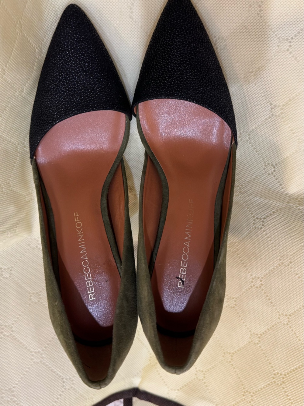 Rebecca Minkoff Olive black Suede Pointed Slingback heels with Black Toe